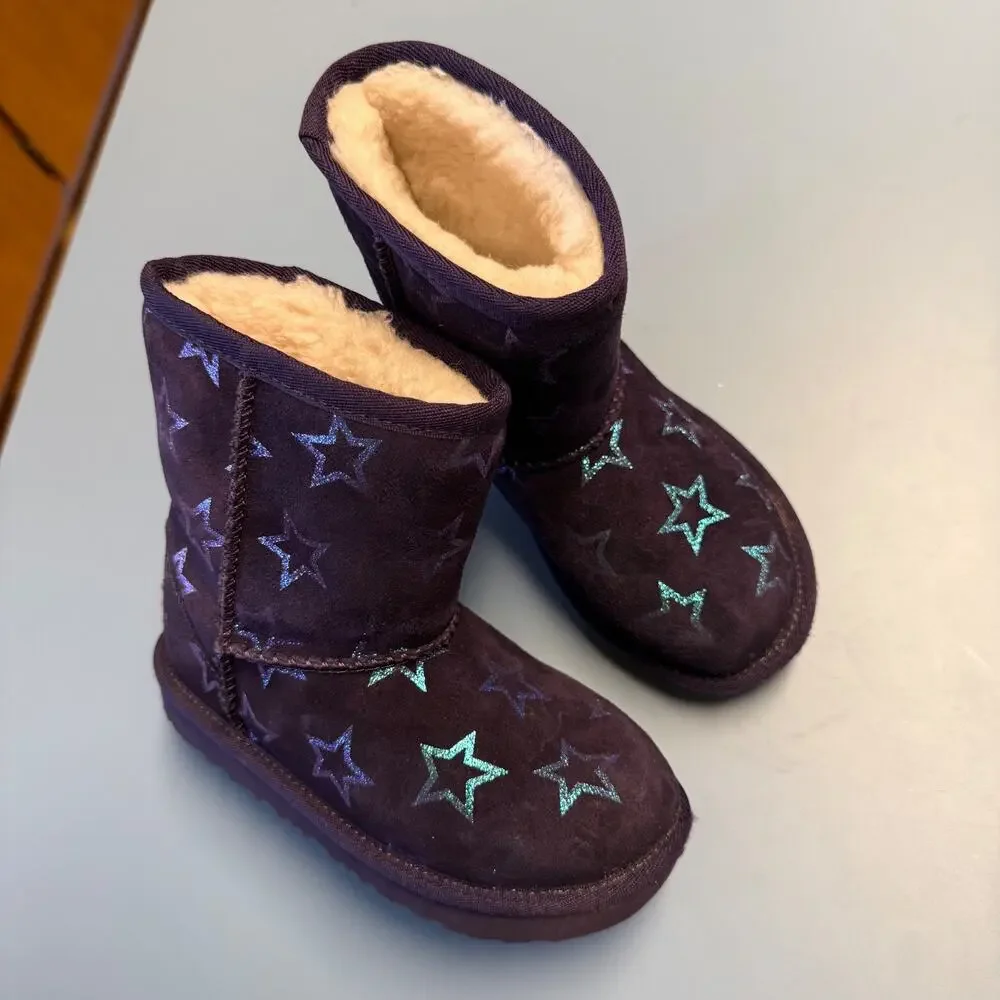 UGG Girls Sz 11 Boots Classic II Purple Iridescent Stars Nightshade